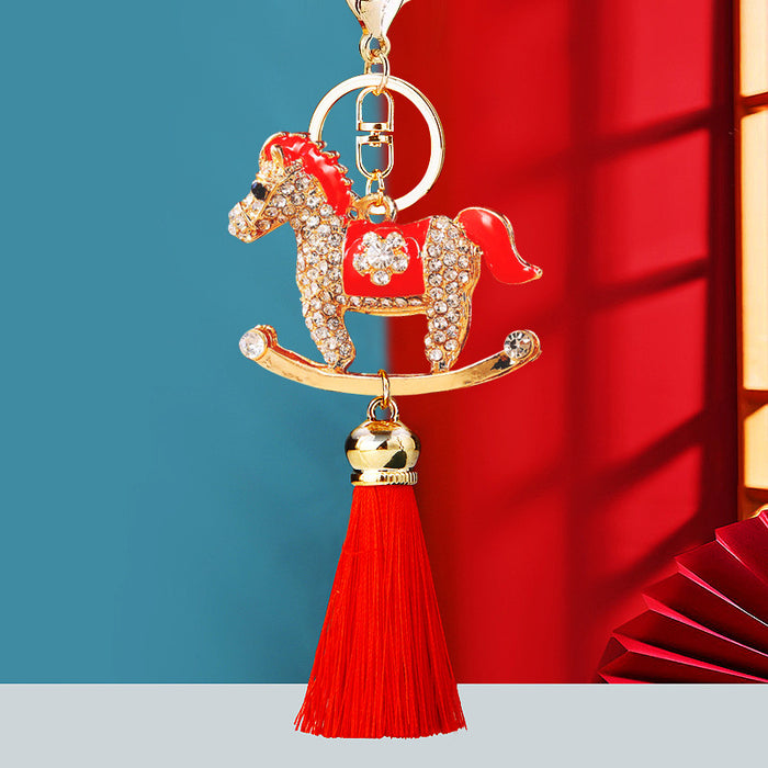Crystal Rocking Horse Keychains with Long Color-Matched Tassels