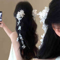 White Floral Lace Duckbill Hair Clip With Long Pearl Like Tassels view 4