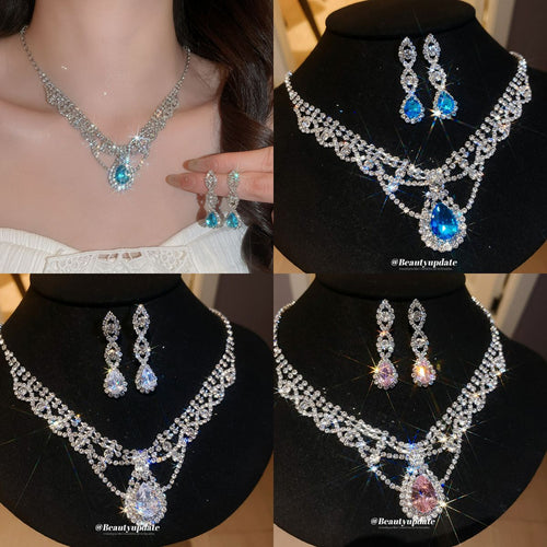 Blue clear and pink scalloped necklace earring sets collage display