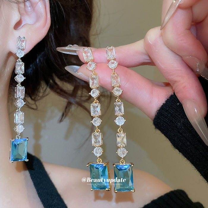 Blue Rectangular Crystal Chain Drop Earrings in Two Tones