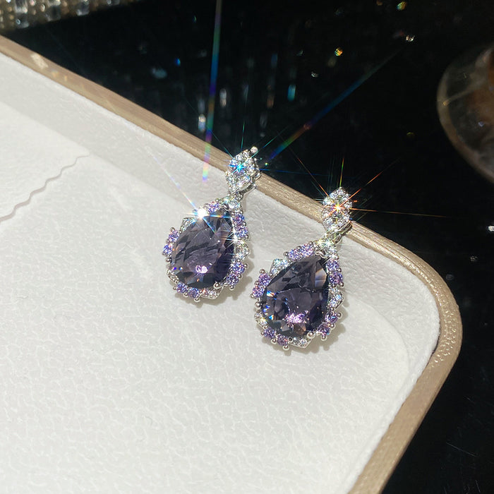 Silver Teardrop CZ Open Ring and Drop Earrings Pink Purple