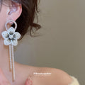 Blue Fabric Flower Earrings With Pearl And Chain Fringe view 3