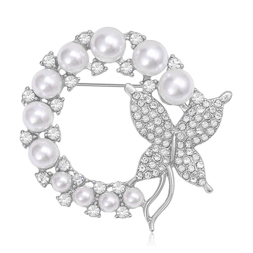 Silver pearl circle butterfly brooch front view