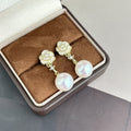 Gold Tone Rose and Pearl Look Ball Dangle Stud Earrings view 2