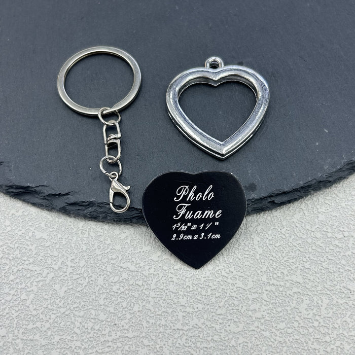 Heart Photo Frame Charm Keychain Silver Tone Metal With Split Ring