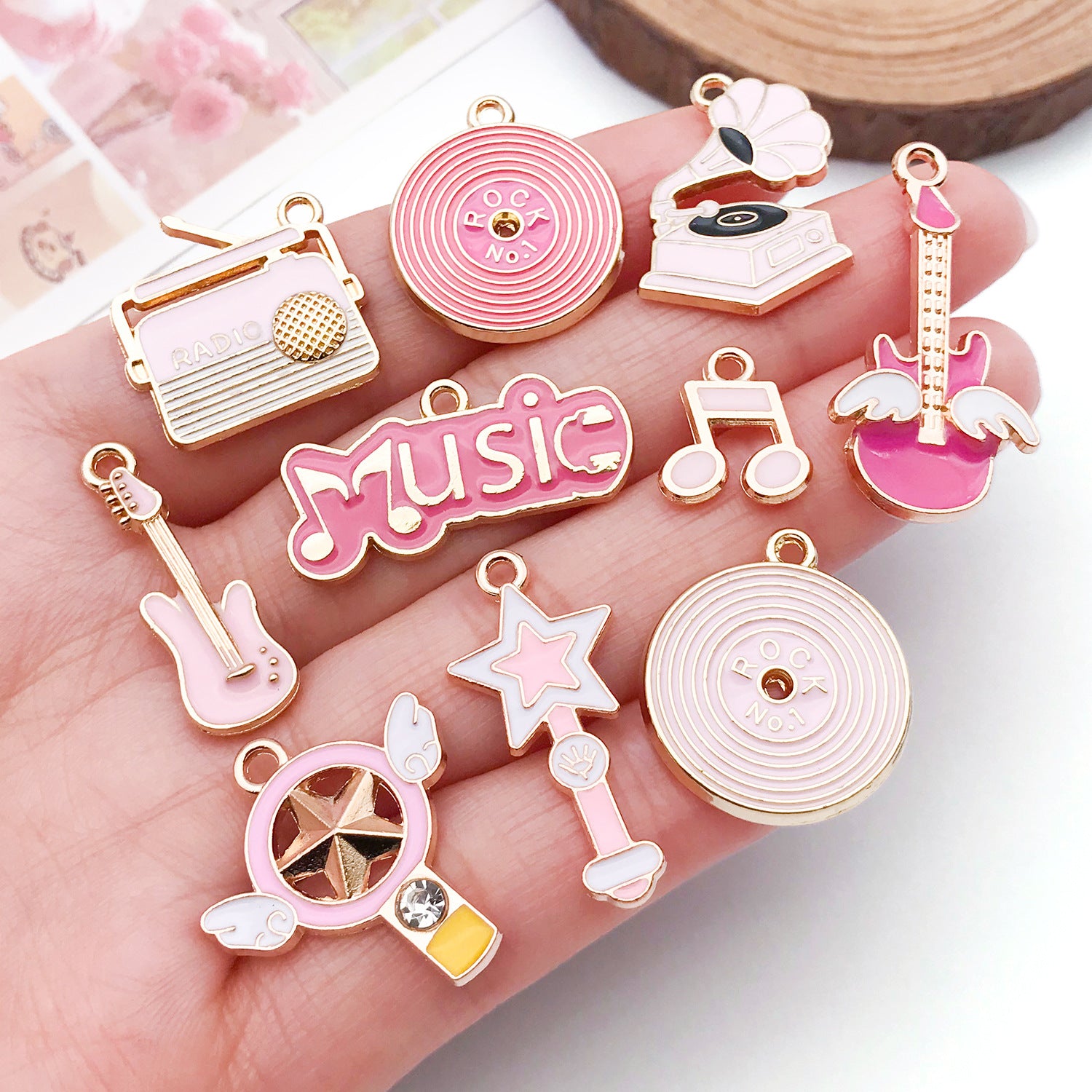 Pink Enamel Zinc Alloy Music Note Piano Guitar Charm Pendant for Keychain Bracelet Necklace Making