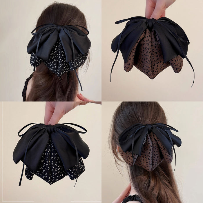Black Satin Bow Leopard Fabric Hair Claw Clips 2 Colors