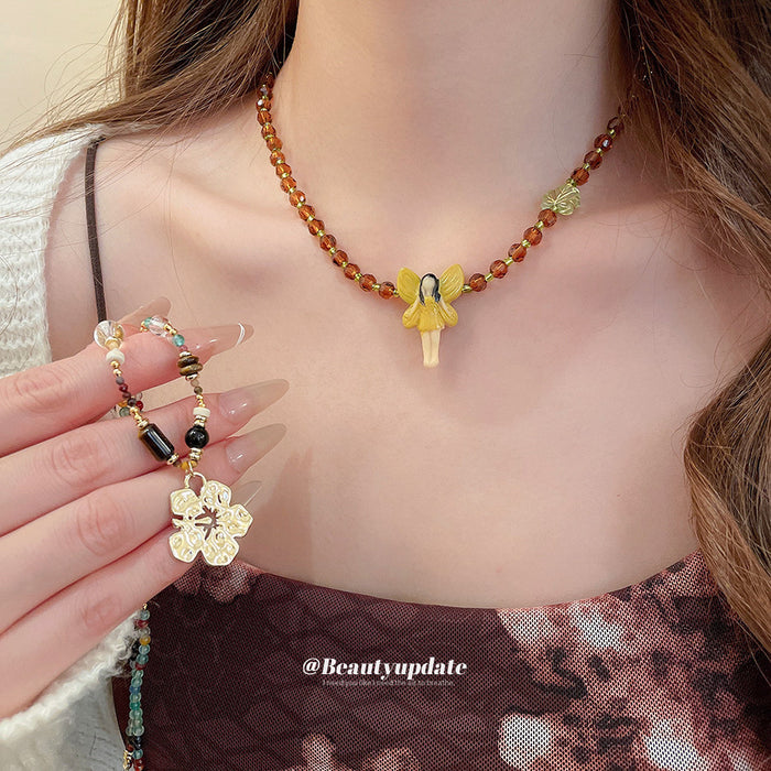 Yellow Fairy and Flower Pendant Beaded Necklaces in Two Designs