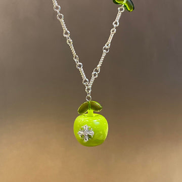 Silver Tone Green Apple Cross Pendant Necklace Statement Jewelry