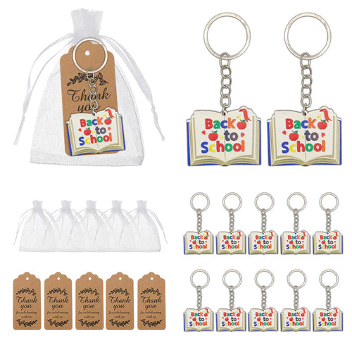 Back to School book keychains with organza bags and kraft tags