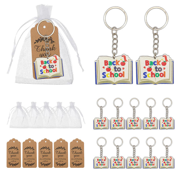 Back to School Book Wood Print Keychain Metal Ring