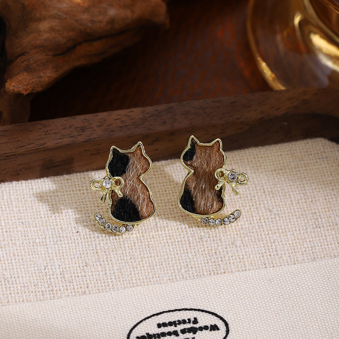 Brown Cat Bow and Clear Accent Small Stud Earrings