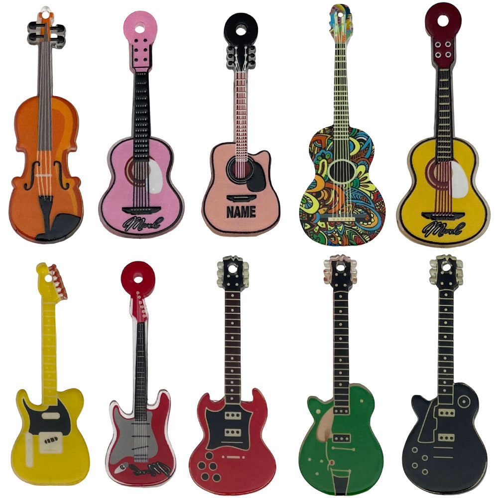 Acrylic Double Sided Vintage Guitar Charm Pendant for DIY Necklace Keychain