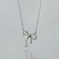 Silver Bow Milky Stone CZ Drop Pendant Necklace One Finish view 2