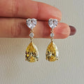 Yellow Pear-Shaped Stone Long Drop Earrings In Gold Tone view 3