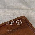 Gold Square Frame Pearl Mother of Pearl Stud Earrings view 2