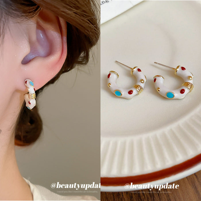 White Enamel C Hoop Stud Earrings with Multicolor Dots