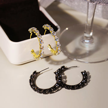 Gold Clear Look Accent Open C Hoop Statement Stud Earrings