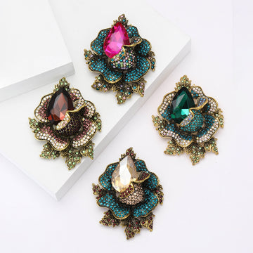 Large Floral Leaf Crystal Brooch With Pear Stone in Four Colors