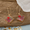 Gold Tone Square Clear Resin Pressed Flower Long Hook Earrings view 9