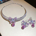 Silver Tone Crystal Bow Necklace And Earrings Set With Pink Drops view 6