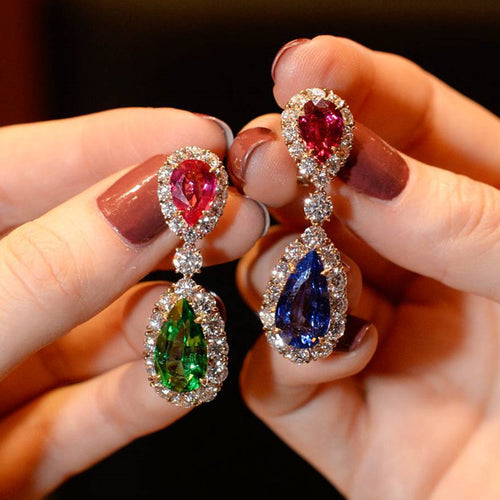 Multicolor Teardrop Stone Long Drop Earrings in Gold Tone shown in product close-up