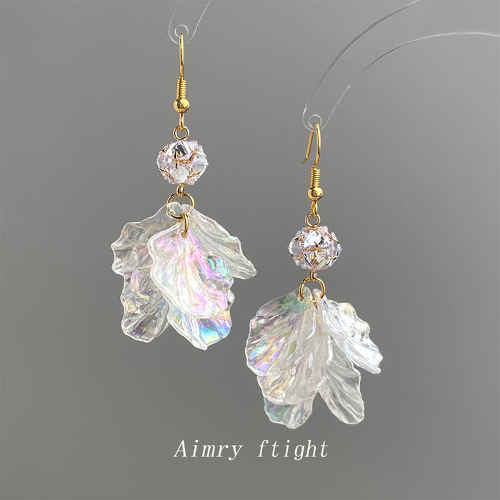 Gold Iridescent Crystal Petal Drop Earrings Pave Ball