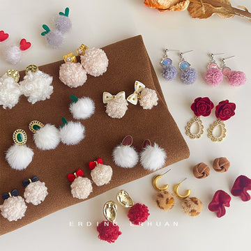 Faux Fur Pom Bow Multi Style Drop Stud Earring Set