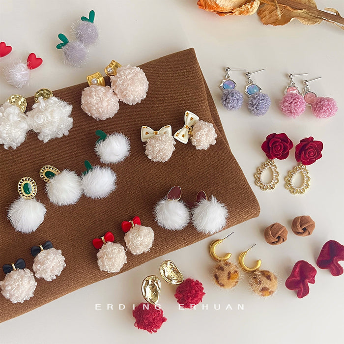 Faux Fur Pom Bow Multi Style Drop Stud Earring Set
