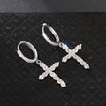 White Metal Huggie Hoop Cross Drop Earrings Clear Stones view 2