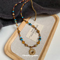 Natural Stone Seed Bead Sun Pendant Gold Tone Necklace view 4