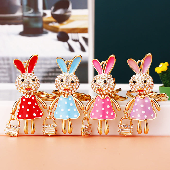 Jeweled Polka Dot Dress Rabbit Keychains with Braided Loop Options