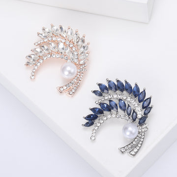 Marquise Crystal Leaf Spray Brooch With Large White Pearl