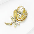 Rhinestone Rose Bud Brooch Green Leaf Gold Turquoise view 4