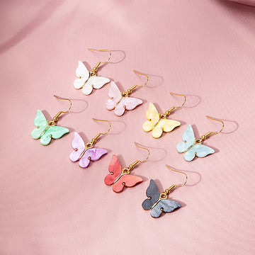 Aqua and White Shell Look Butterfly Long Hook Earrings