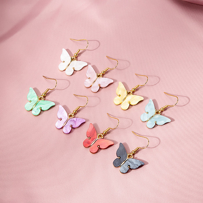Aqua and White Shell Look Butterfly Long Hook Earrings