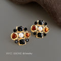 Gold-Tone Pearl Black and Amber Geometric Flower Studs view 3