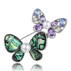 Abalone Shell Double Butterfly Brooch with Pearls, 3.7 by 4.3 cm