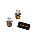 Silver Tone Crystal and Brown Cabochon Drop Stud Earrings view 5