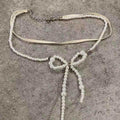 Pearl Bow Lariat Necklace With Long Silver Tone Chain Tassels view 2