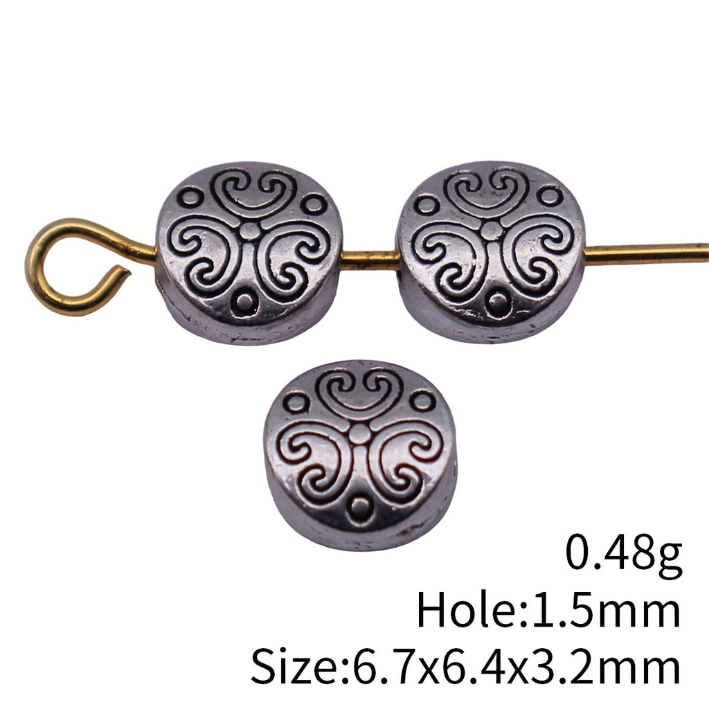 6.7x6.4x3.2mm 0.48g Antique Silver Zinc Alloy Double Sided Engraved Round Loose Metal Beads for Jewelry Making
