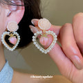 Pink Rose And Heart Drop Earrings With Pearl Borders view 2
