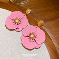 Pink Layered Flower Statement Earrings With Gold Centers view 2
