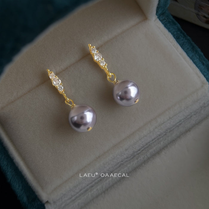 Gold Tone Clear Stone Bar And Gray Pearl Drop Earrings For Women