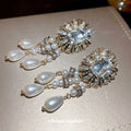 Rectangular Crystal and Pearl Chandelier Stud Earrings view 4