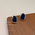 Navy Blue Enamel Irregular Organic Stud Earrings Gold Tone view 6