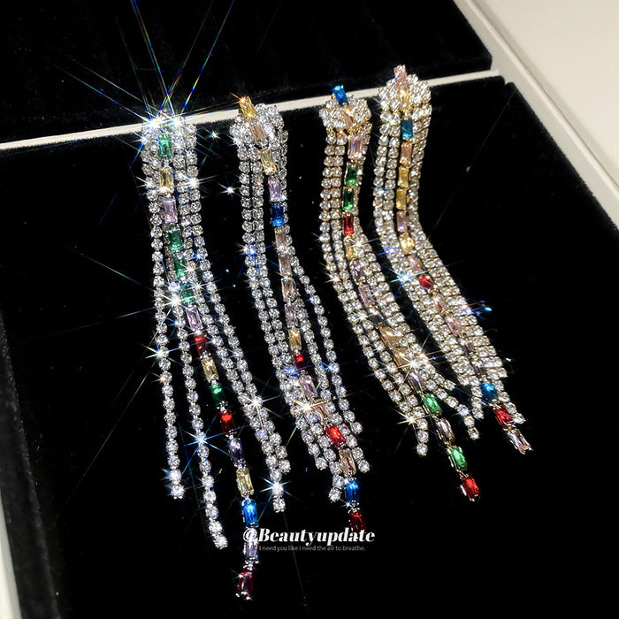 Multicolor Crystal Fringe Earrings With Polished Metal Tone Details