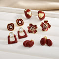 Burgundy Enamel Look Gold Tone Mixed Shape Stud Earrings view 3