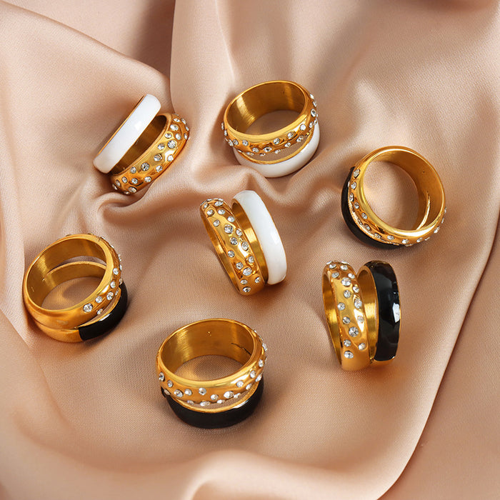 Crystal Dome Dual Band Enamel Stack Ring Gold Steel