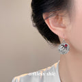 Silver Textured Disc Leaf Earrings Red Cabochon Pair view 2